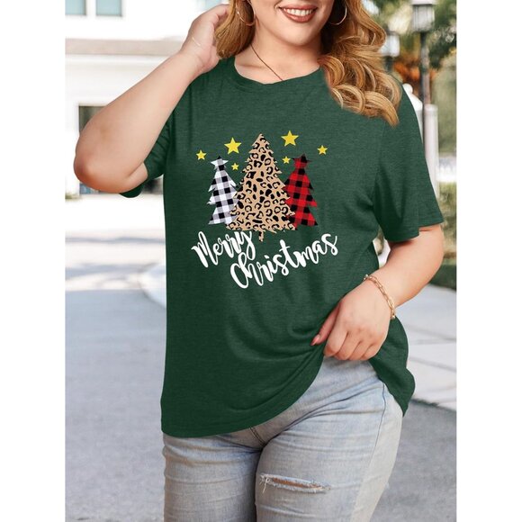 Women Plus Size Christmas Leopard Tree T-Shirt Short Sleeve Holiday Top - Picture 3 of 7